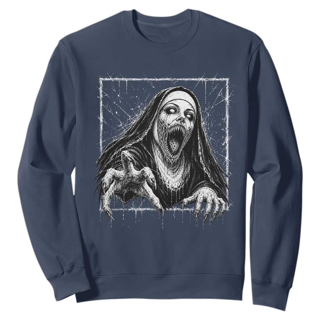 Horror Creepy Nun Demon Unholy Evil Occult Scary Goth Graphic Halloween Sweatshirt