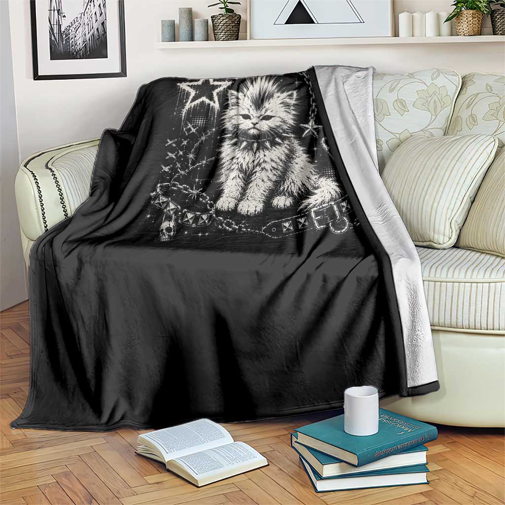 Punk Rock Kitten Mohawk Spooky Y2K Grunge Cat Graphic Throw Blanket