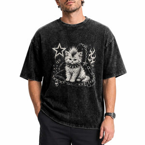 Punk Rock Kitten Mohawk Spooky Y2K Grunge Cat Graphic Washed Cotton T-Shirt