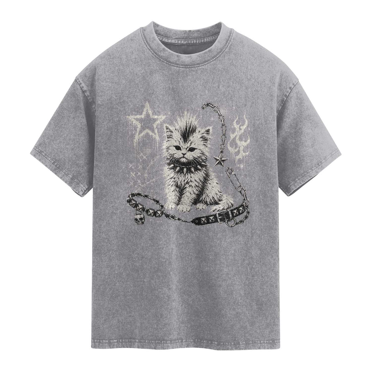 Punk Rock Kitten Mohawk Spooky Y2K Grunge Cat Graphic Washed Cotton T-Shirt