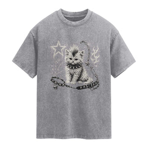 Punk Rock Kitten Mohawk Spooky Y2K Grunge Cat Graphic Washed Cotton T-Shirt