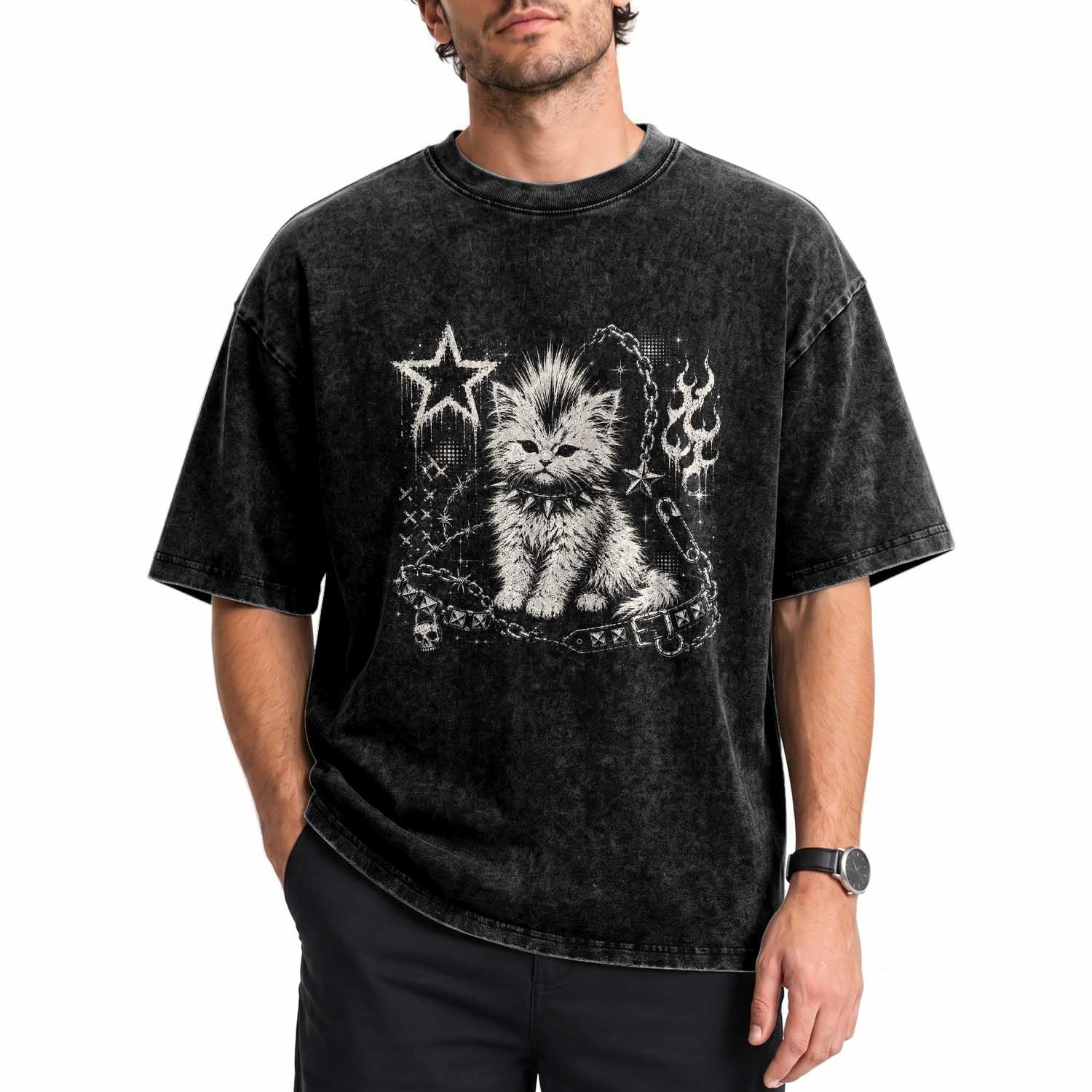 Punk Rock Kitten Mohawk Spooky Y2K Grunge Cat Graphic Washed Cotton T-Shirt