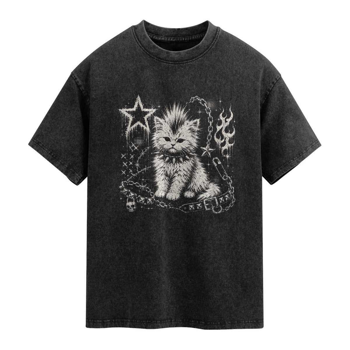 Punk Rock Kitten Mohawk Spooky Y2K Grunge Cat Graphic Washed Cotton T-Shirt