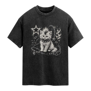 Punk Rock Kitten Mohawk Spooky Y2K Grunge Cat Graphic Washed Cotton T-Shirt