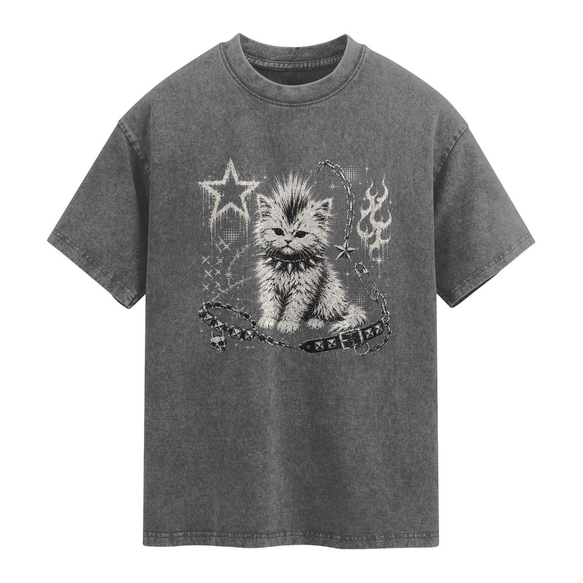 Punk Rock Kitten Mohawk Spooky Y2K Grunge Cat Graphic Washed Cotton T-Shirt