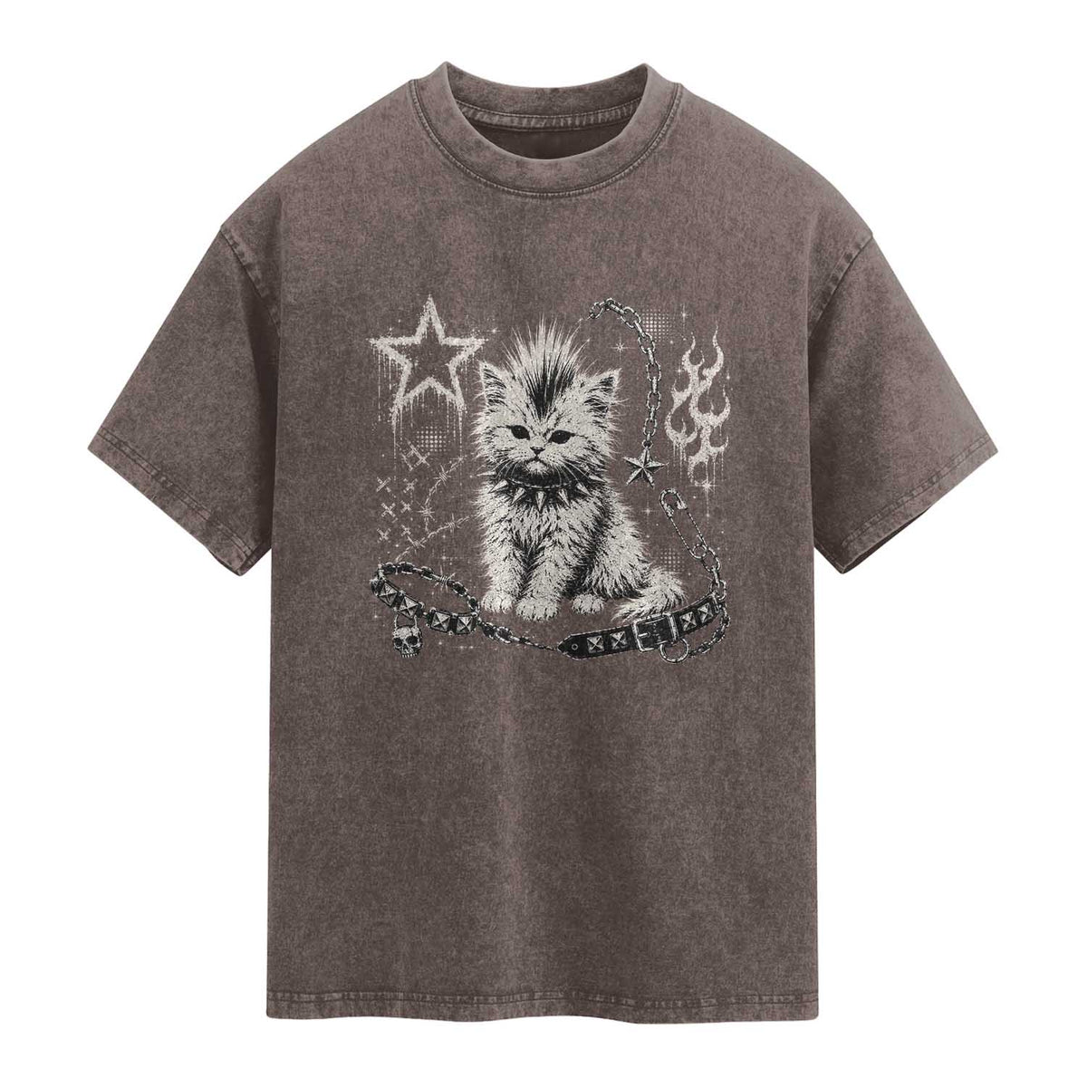 Punk Rock Kitten Mohawk Spooky Y2K Grunge Cat Graphic Washed Cotton T-Shirt