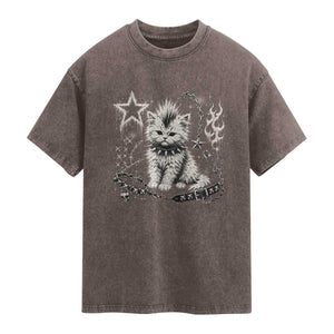 Punk Rock Kitten Mohawk Spooky Y2K Grunge Cat Graphic Washed Cotton T-Shirt