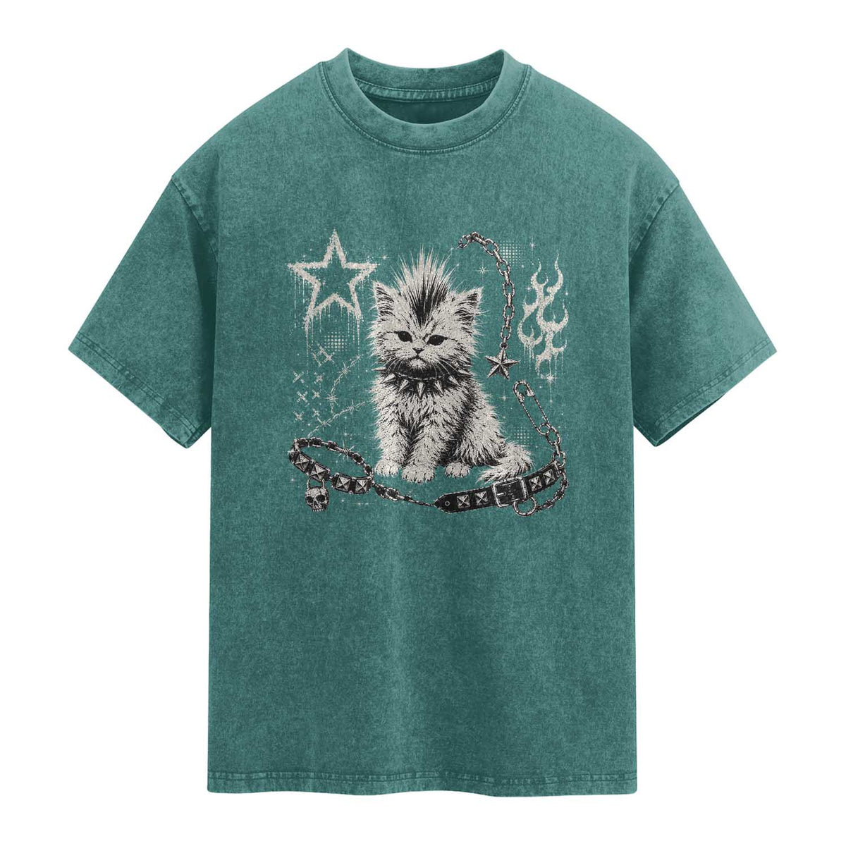 Punk Rock Kitten Mohawk Spooky Y2K Grunge Cat Graphic Washed Cotton T-Shirt