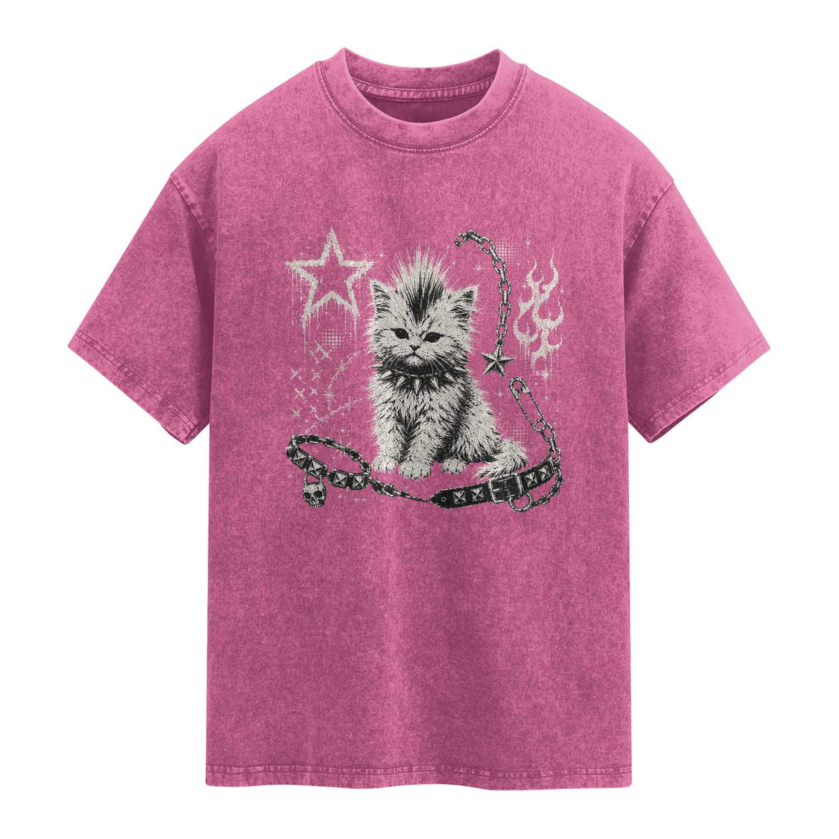 Punk Rock Kitten Mohawk Spooky Y2K Grunge Cat Graphic Washed Cotton T-Shirt