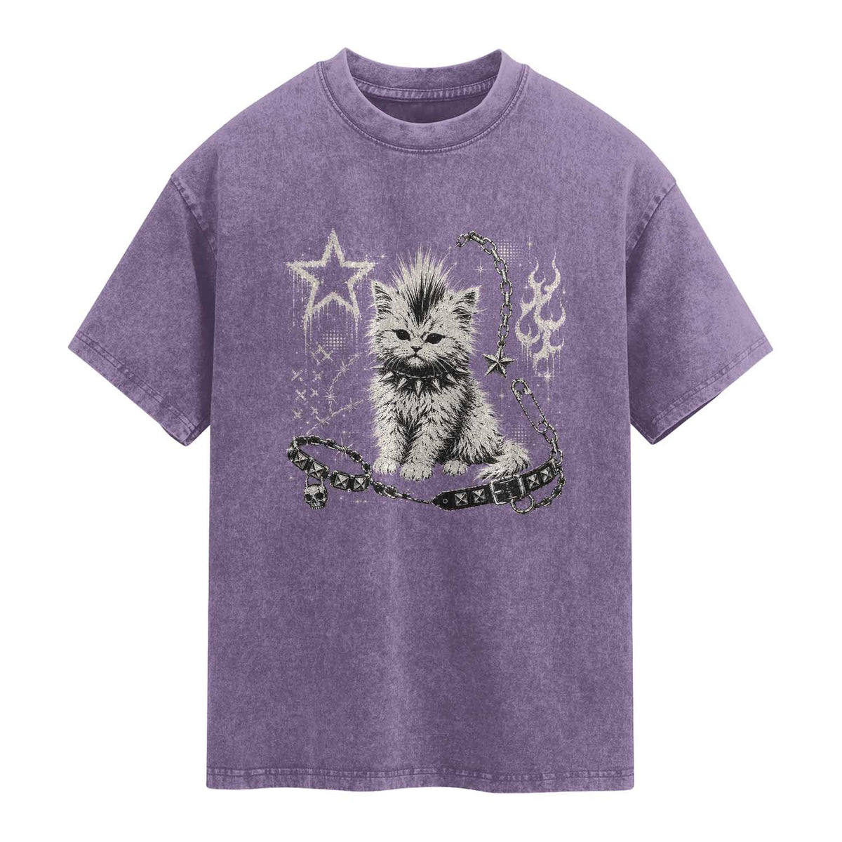 Punk Rock Kitten Mohawk Spooky Y2K Grunge Cat Graphic Washed Cotton T-Shirt