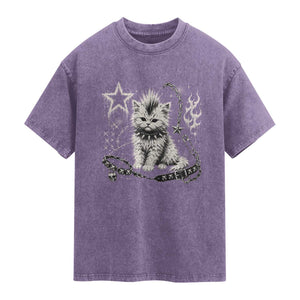Punk Rock Kitten Mohawk Spooky Y2K Grunge Cat Graphic Washed Cotton T-Shirt