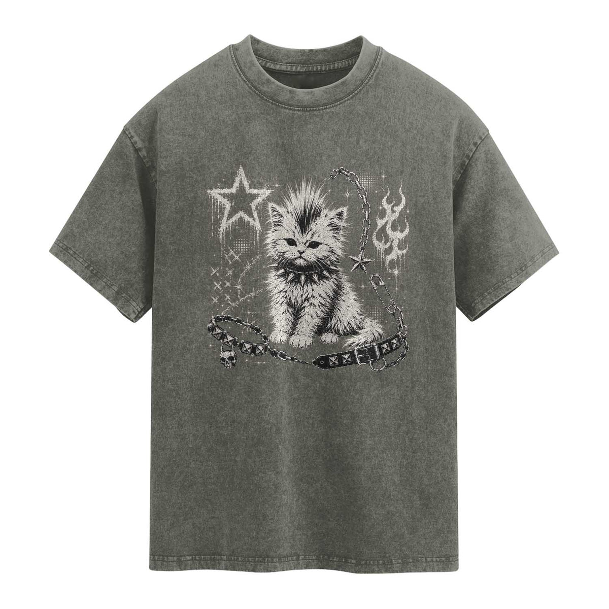 Punk Rock Kitten Mohawk Spooky Y2K Grunge Cat Graphic Washed Cotton T-Shirt