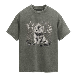Punk Rock Kitten Mohawk Spooky Y2K Grunge Cat Graphic Washed Cotton T-Shirt