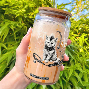Punk Rock Kitten Mohawk Spooky Y2K Grunge Cat Graphic Glass Can
