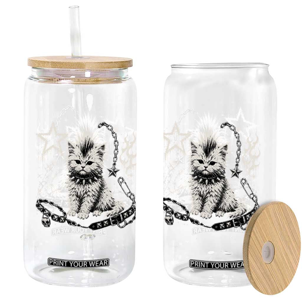 Punk Rock Kitten Mohawk Spooky Y2K Grunge Cat Graphic Glass Can