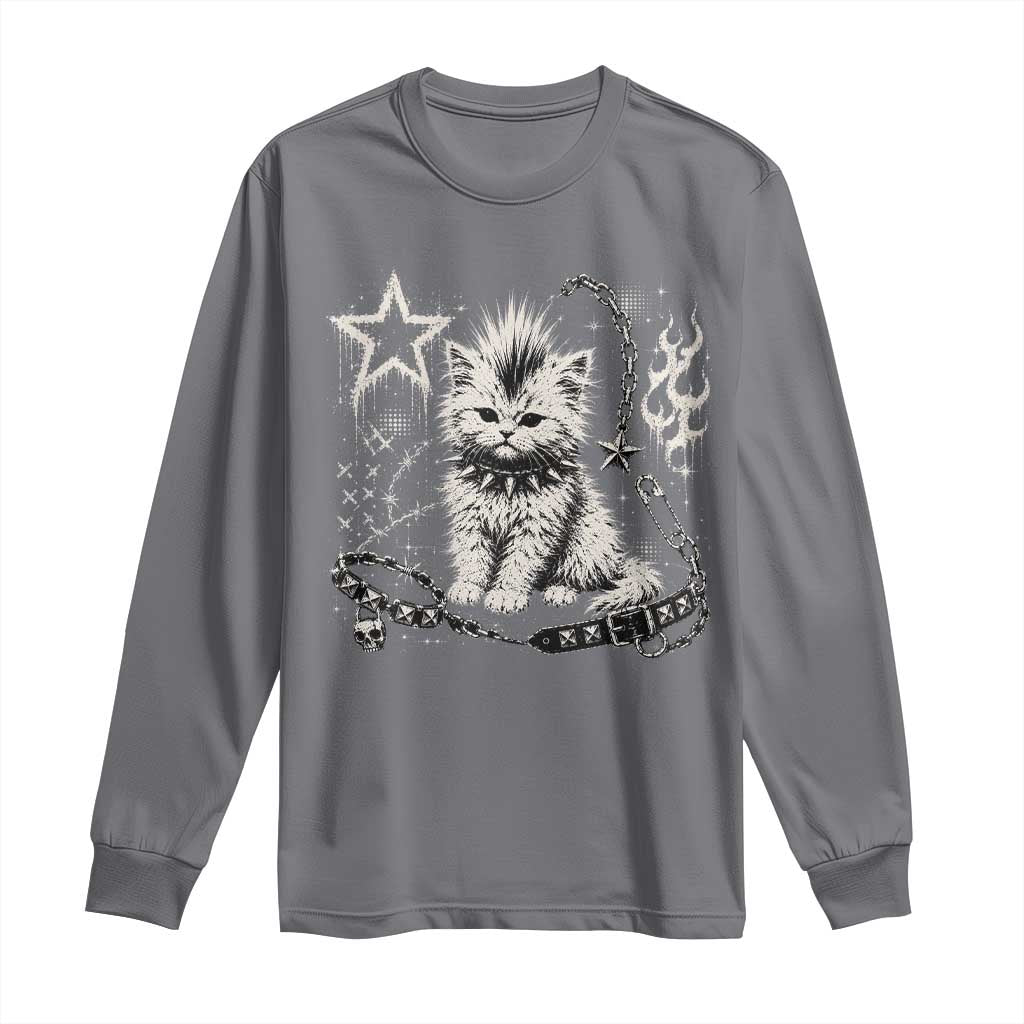 Punk Rock Kitten Mohawk Spooky Y2K Grunge Cat Graphic Long Sleeve Shirt
