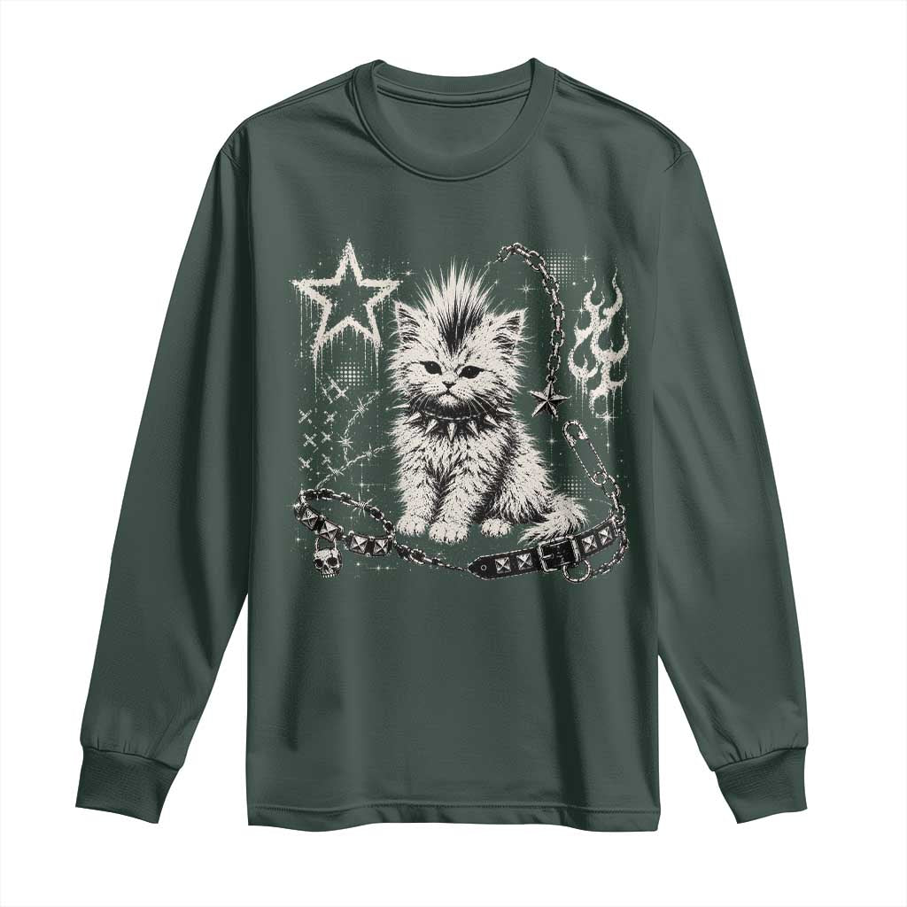 Punk Rock Kitten Mohawk Spooky Y2K Grunge Cat Graphic Long Sleeve Shirt