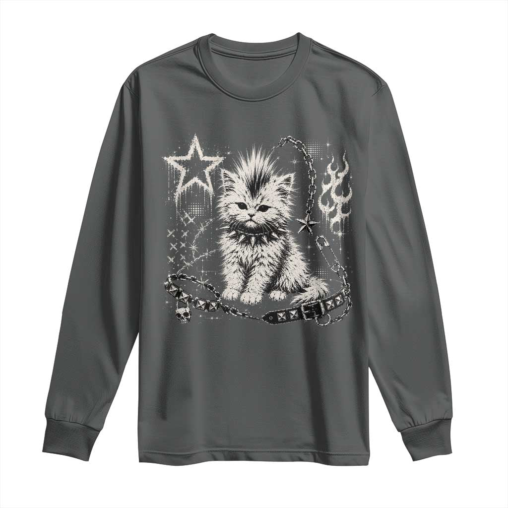 Punk Rock Kitten Mohawk Spooky Y2K Grunge Cat Graphic Long Sleeve Shirt