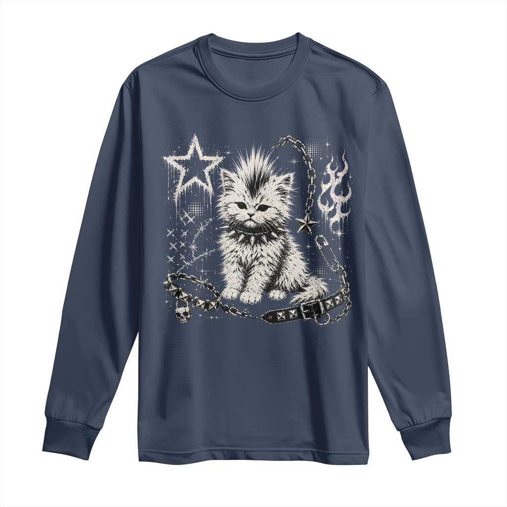 Punk Rock Kitten Mohawk Spooky Y2K Grunge Cat Graphic Long Sleeve Shirt