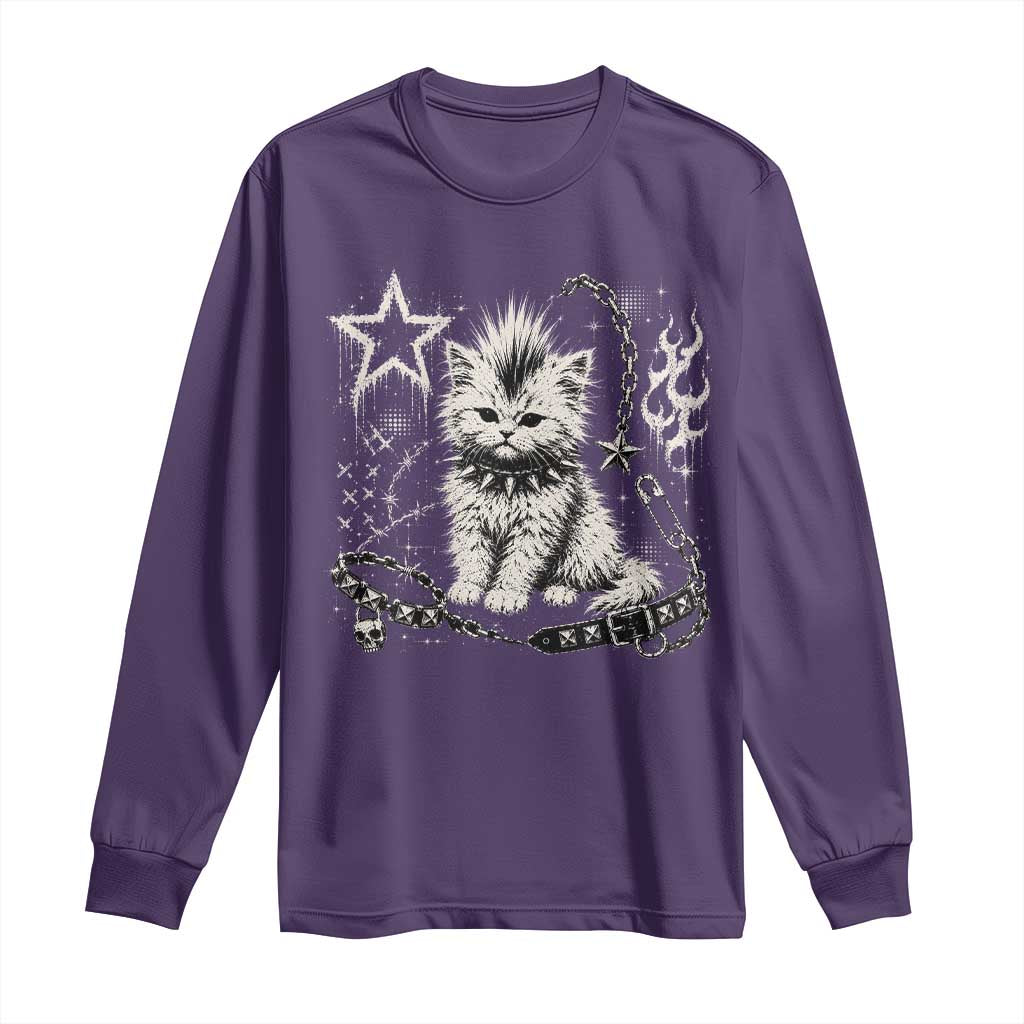 Punk Rock Kitten Mohawk Spooky Y2K Grunge Cat Graphic Long Sleeve Shirt