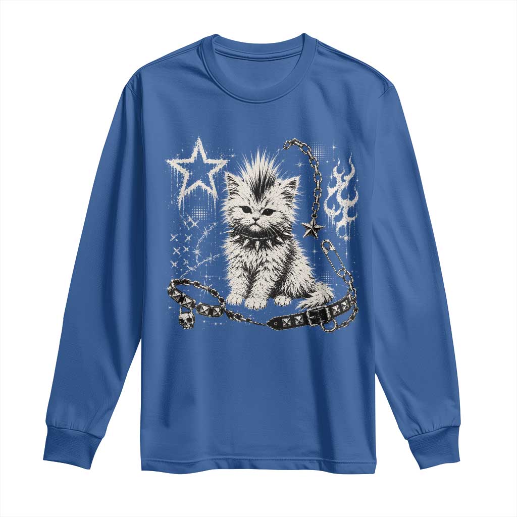 Punk Rock Kitten Mohawk Spooky Y2K Grunge Cat Graphic Long Sleeve Shirt