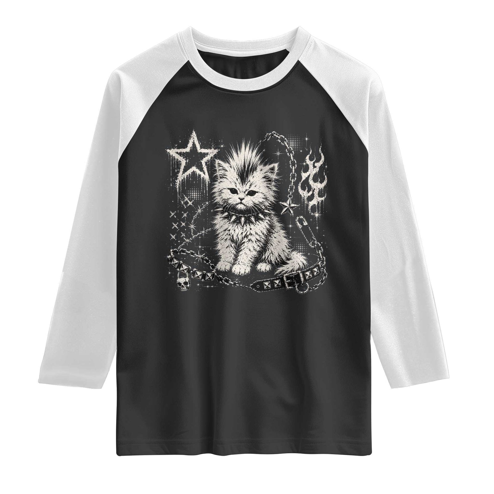 Punk Rock Kitten Mohawk Spooky Y2K Grunge Cat Graphic Raglan Shirt