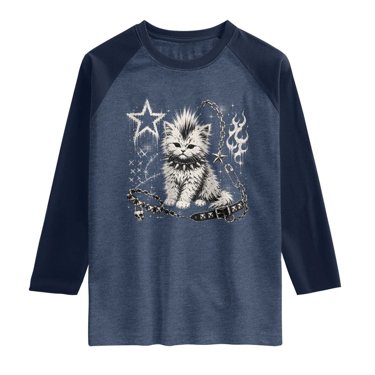 Punk Rock Kitten Mohawk Spooky Y2K Grunge Cat Graphic Raglan Shirt