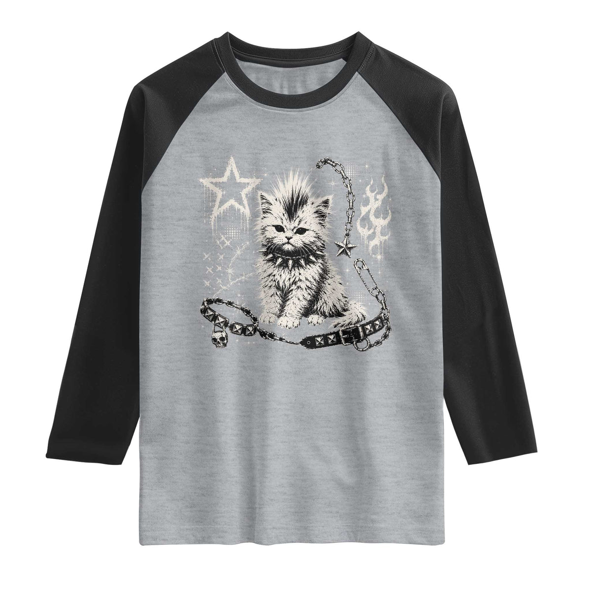 Punk Rock Kitten Mohawk Spooky Y2K Grunge Cat Graphic Raglan Shirt