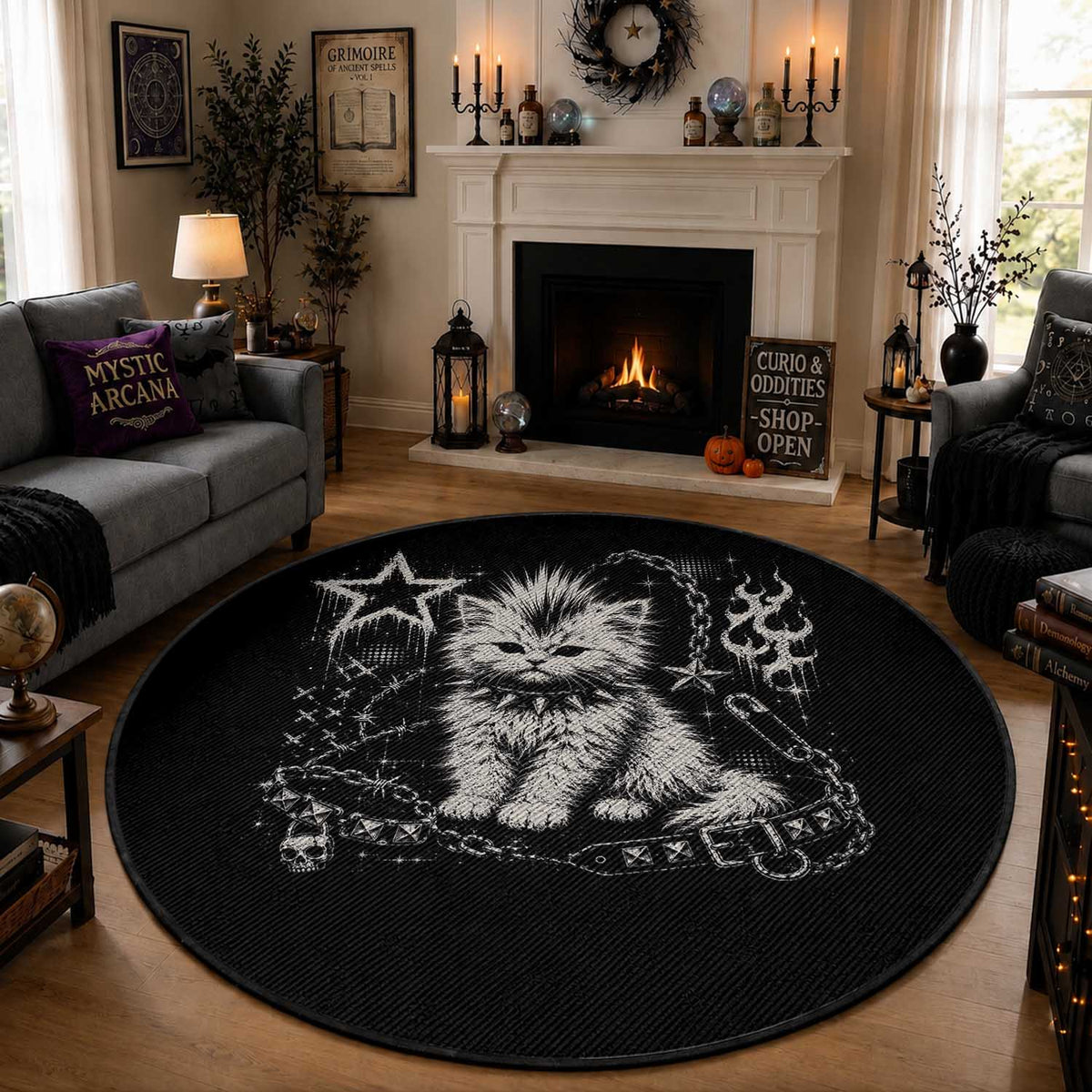 Punk Rock Kitten Mohawk Spooky Y2K Grunge Cat Graphic Round Rug