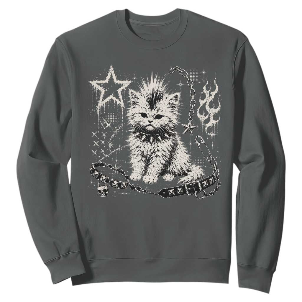 Punk Rock Kitten Mohawk Spooky Y2K Grunge Cat Graphic Sweatshirt