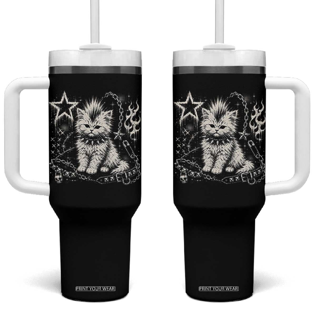 Punk Rock Kitten Mohawk Spooky Y2K Grunge Cat Graphic Tumbler With Handle
