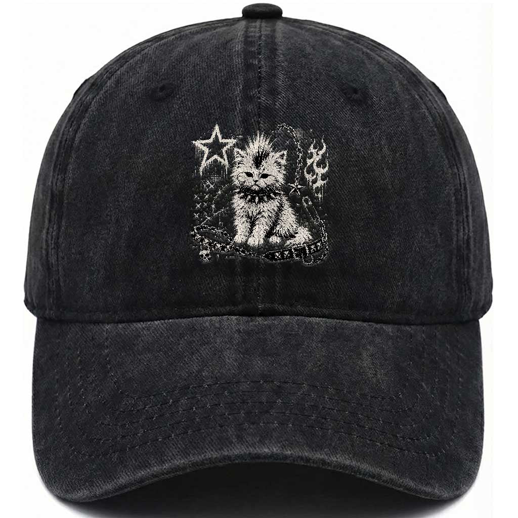 Punk Rock Kitten Mohawk Spooky Y2K Grunge Cat Graphic Washed Cotton Baseball Cap