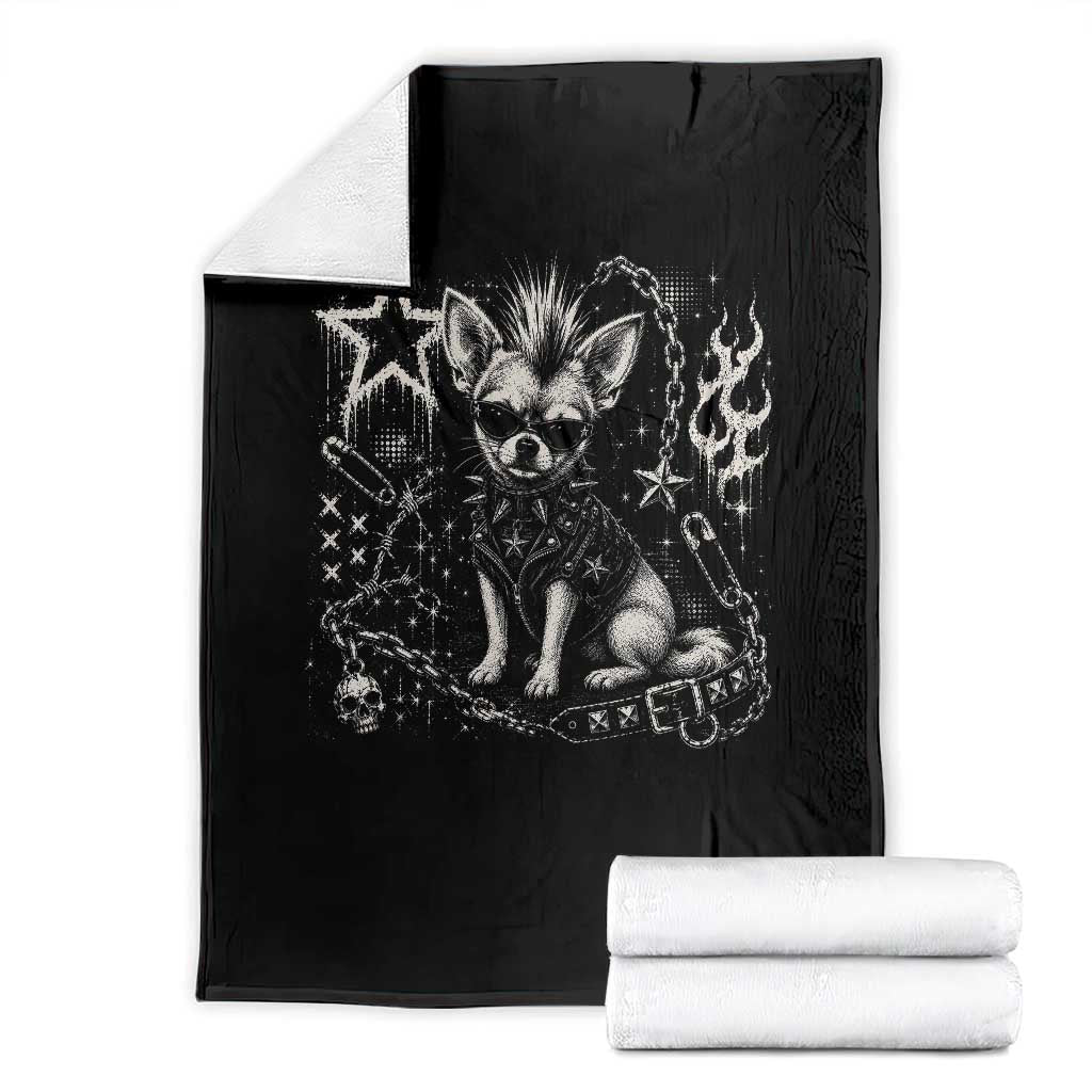 Punk Rock Chihuahua Dog Mohawk Spooky Y2K Grunge Graphic Throw Blanket