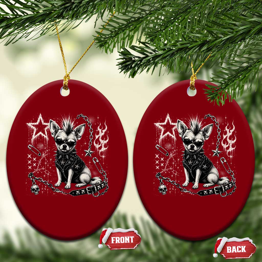 Punk Rock Chihuahua Dog Mohawk Spooky Y2K Grunge Graphic Ceramic Ornament