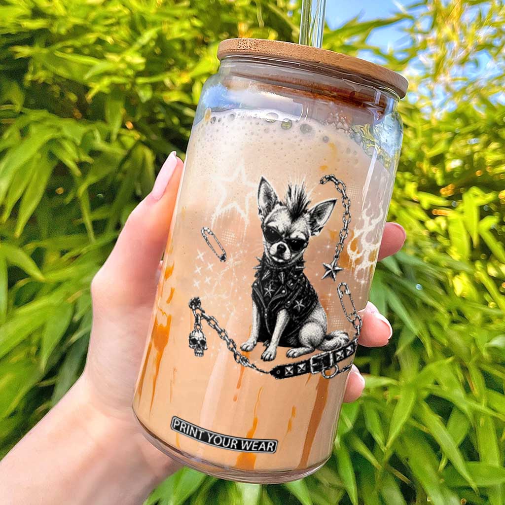 Punk Rock Chihuahua Dog Mohawk Spooky Y2K Grunge Graphic Glass Can
