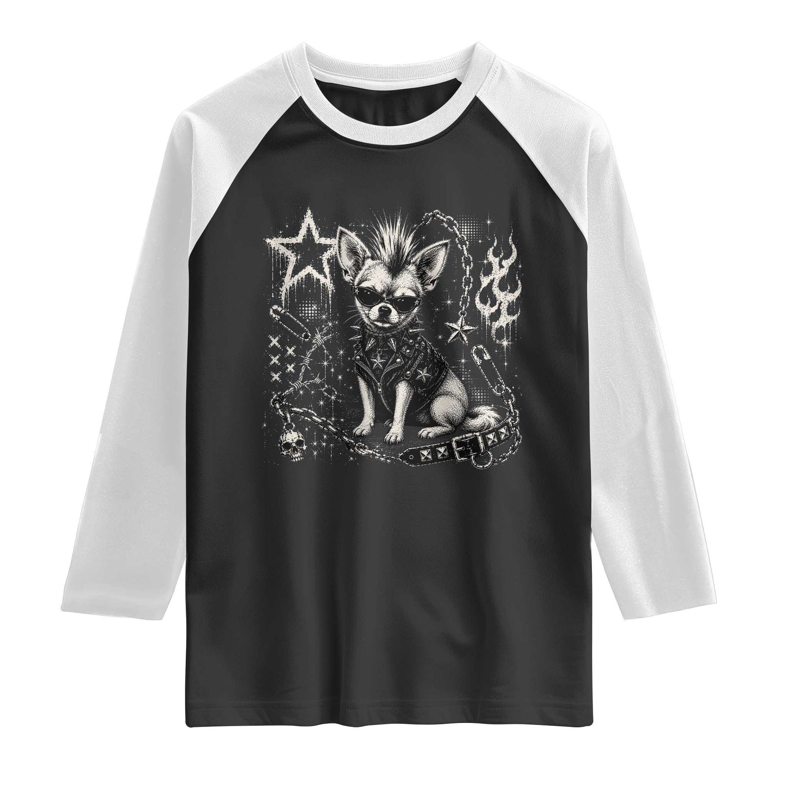 Punk Rock Chihuahua Dog Mohawk Spooky Y2K Grunge Graphic Raglan Shirt