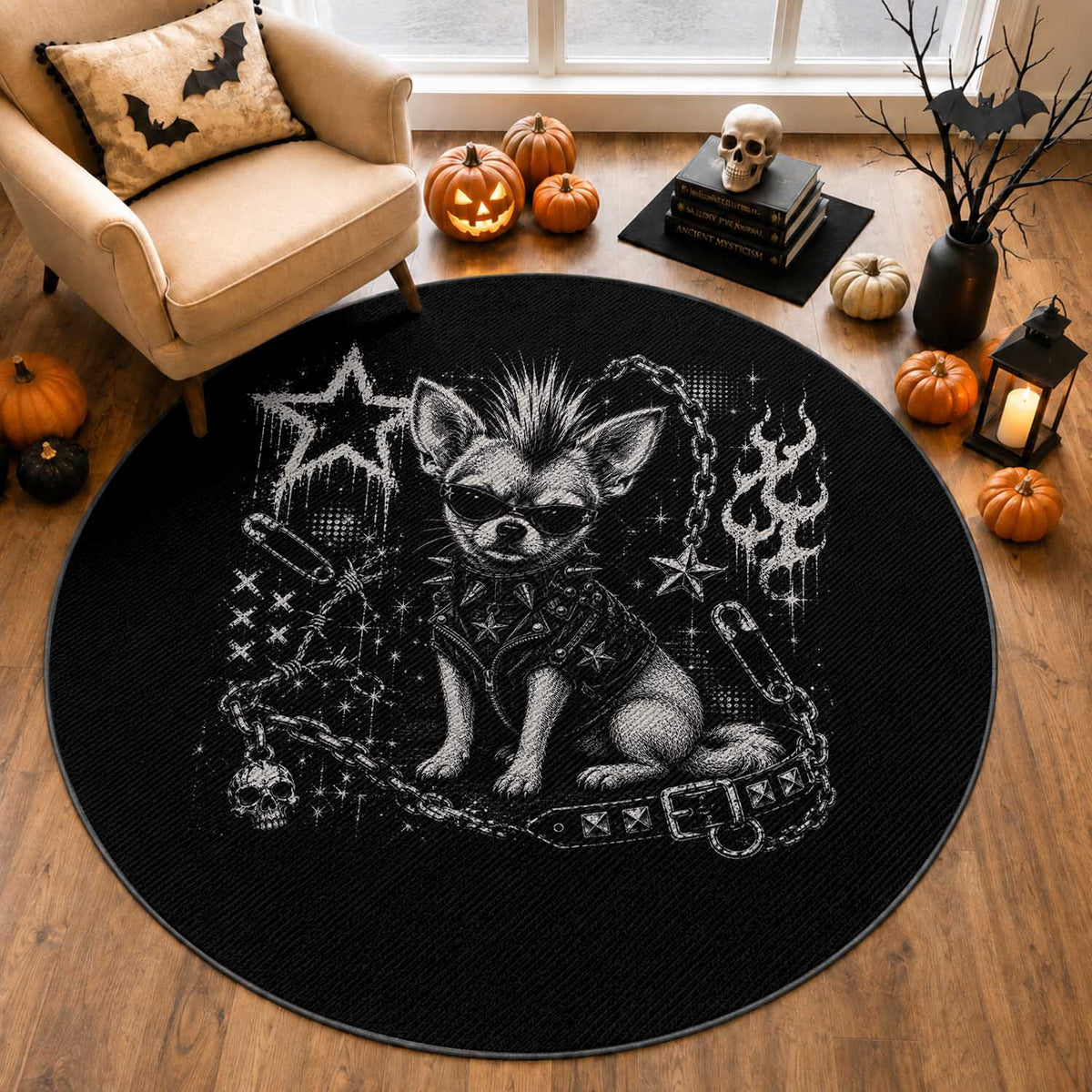 Punk Rock Chihuahua Dog Mohawk Spooky Y2K Grunge Graphic Round Rug