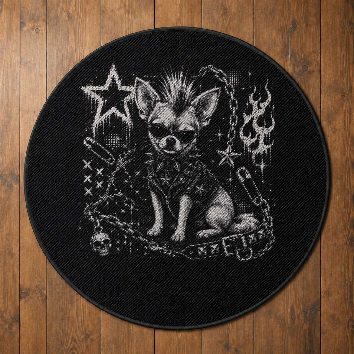 Punk Rock Chihuahua Dog Mohawk Spooky Y2K Grunge Graphic Round Rug