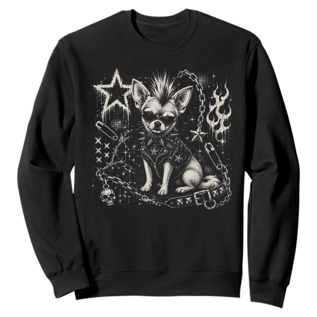 Punk Rock Chihuahua Dog Mohawk Spooky Y2K Grunge Graphic Sweatshirt