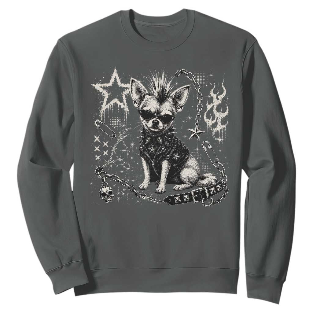 Punk Rock Chihuahua Dog Mohawk Spooky Y2K Grunge Graphic Sweatshirt