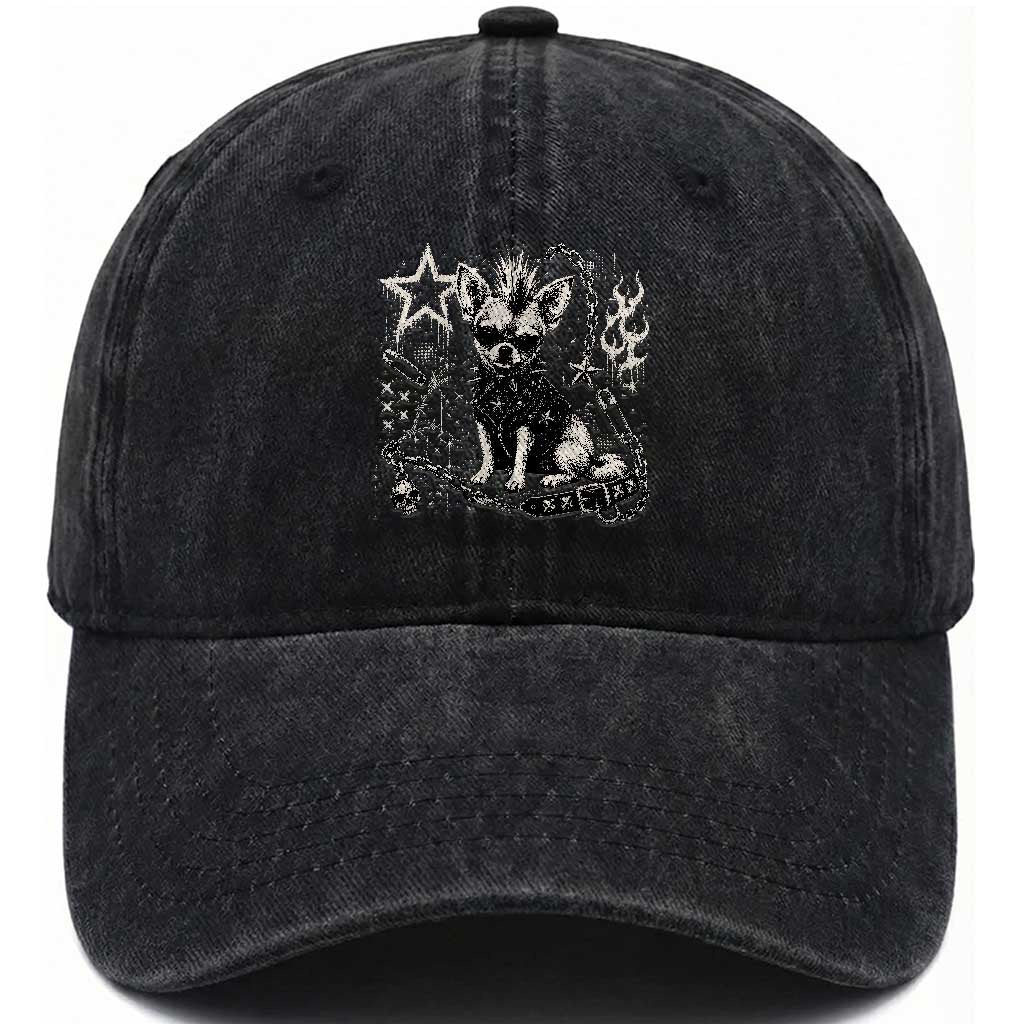 Punk Rock Chihuahua Dog Mohawk Spooky Y2K Grunge Graphic Washed Cotton Baseball Cap