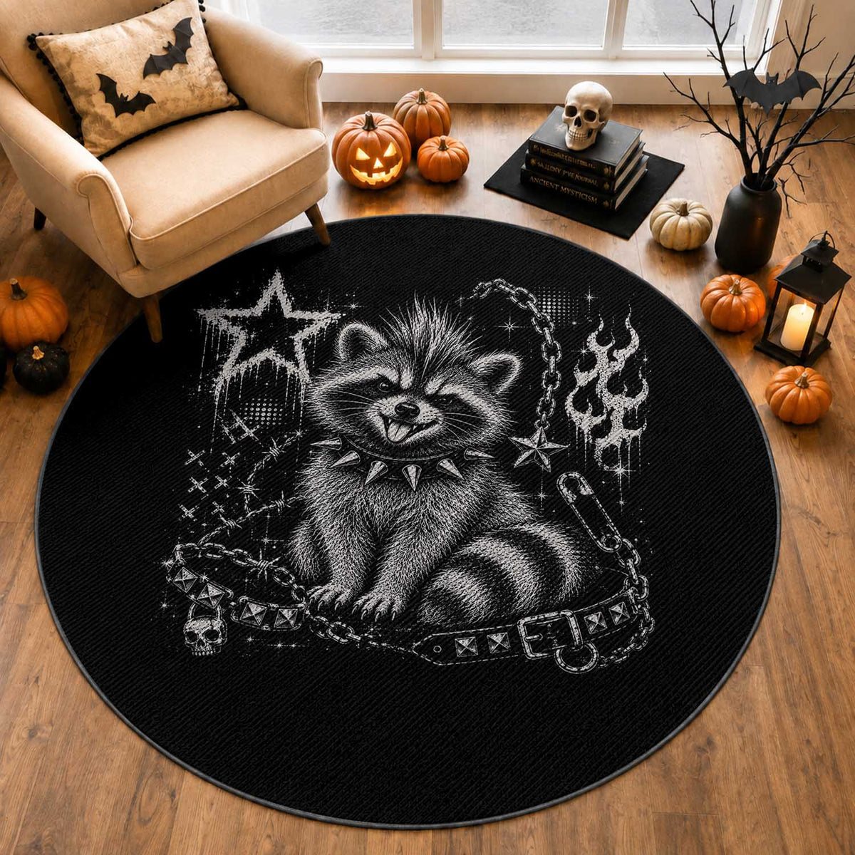 Punk Rock Raccoon Trash Panda Mohawk Spooky Y2K Grunge Graphic Round Rug