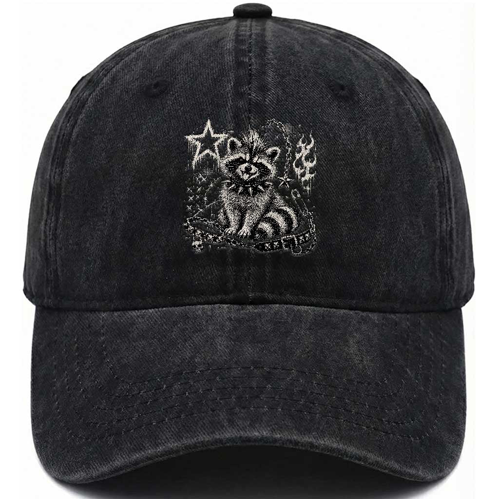 Punk Rock Raccoon Trash Panda Mohawk Spooky Y2K Grunge Graphic Washed Cotton Baseball Cap