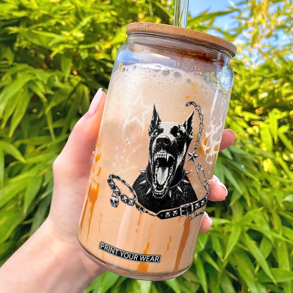 Punk Rock Doberman Growling Dog Angry Barking Y2K Graphic Glass Can
