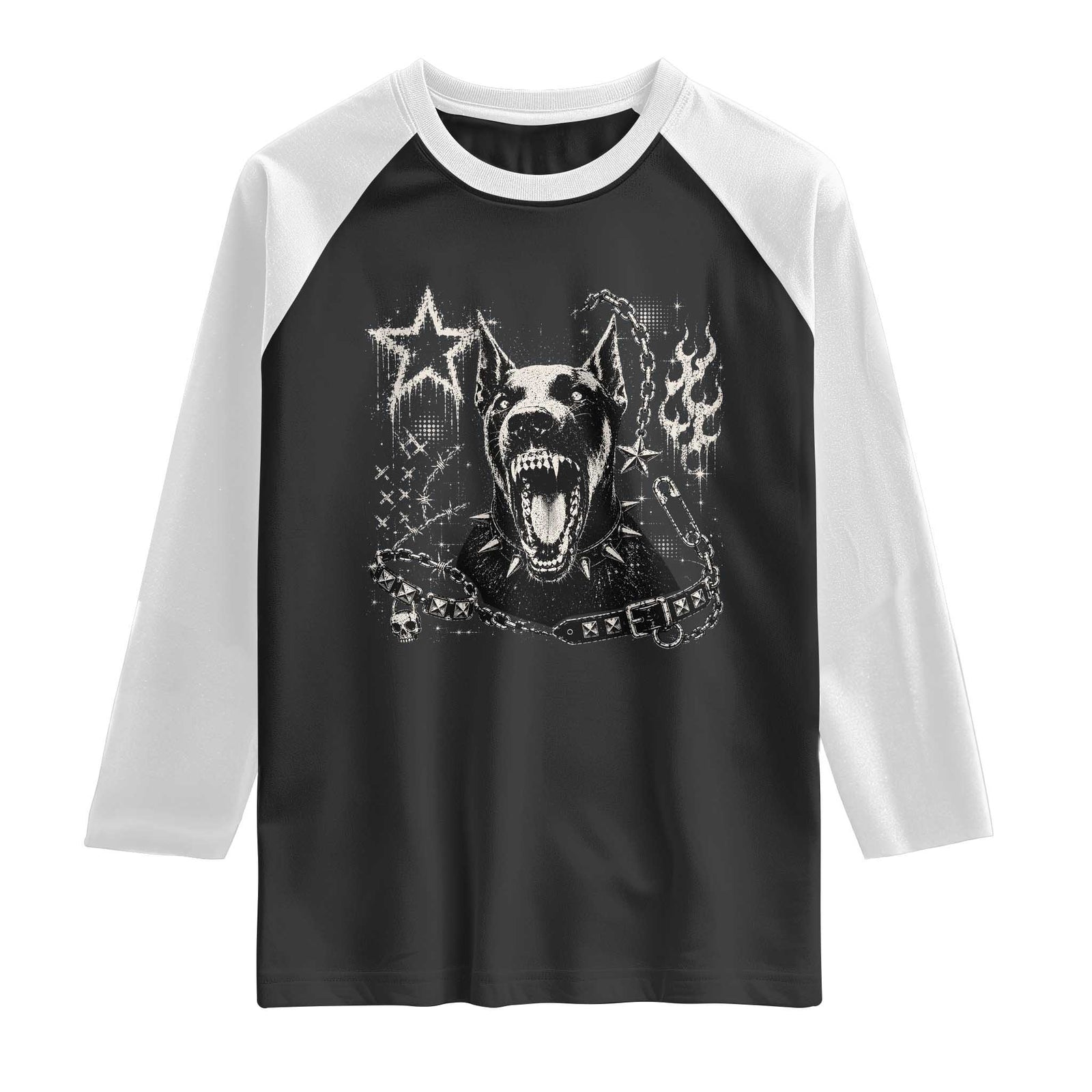 Punk Rock Doberman Growling Dog Angry Barking Y2K Graphic Raglan Shirt