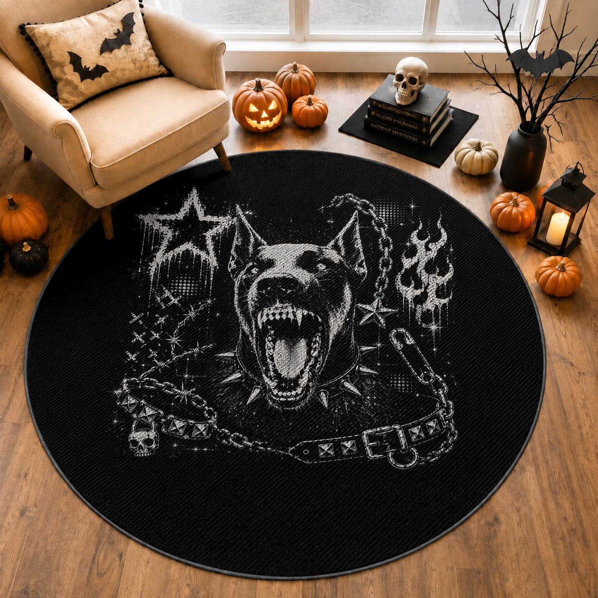 Punk Rock Doberman Growling Dog Angry Barking Y2K Graphic Round Rug
