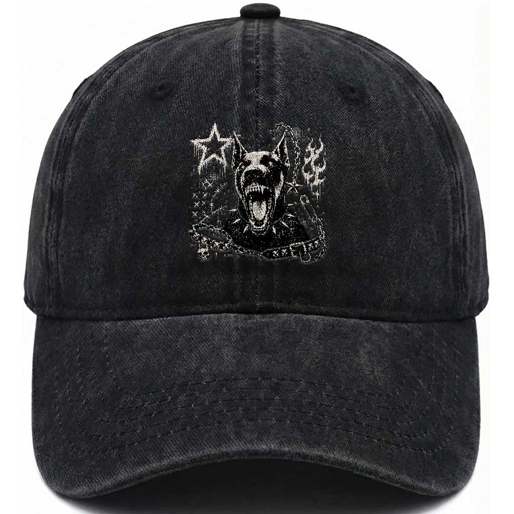 Punk Rock Doberman Growling Dog Angry Barking Y2K Graphic Washed Cotton Baseball Cap