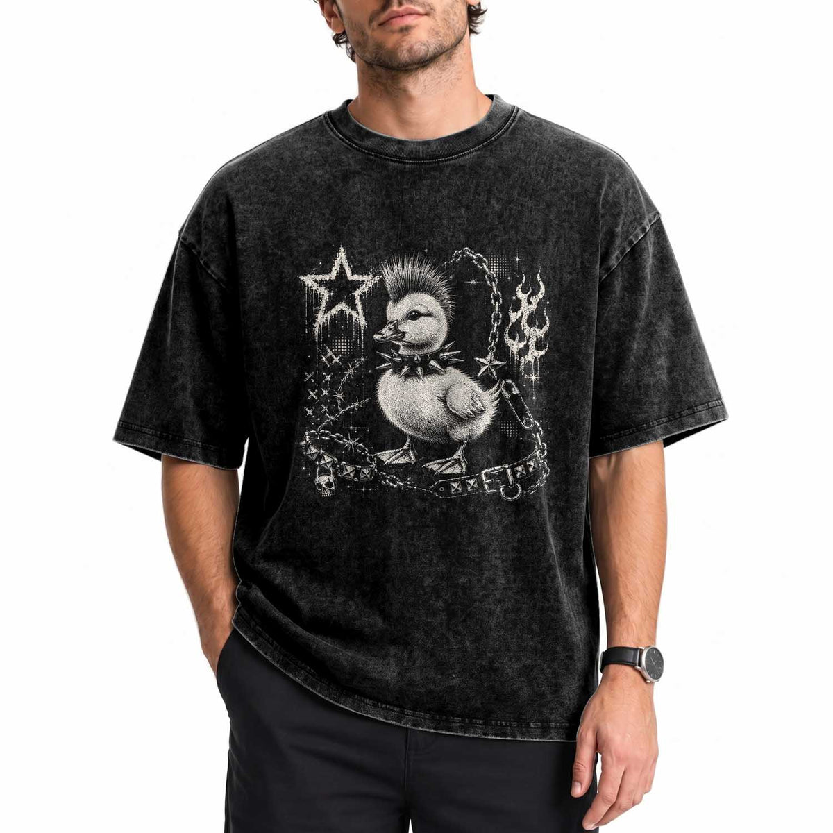 Punk Rock Duckling Mohawk Spooky Y2K Grunge Graphic Washed Cotton T-Shirt