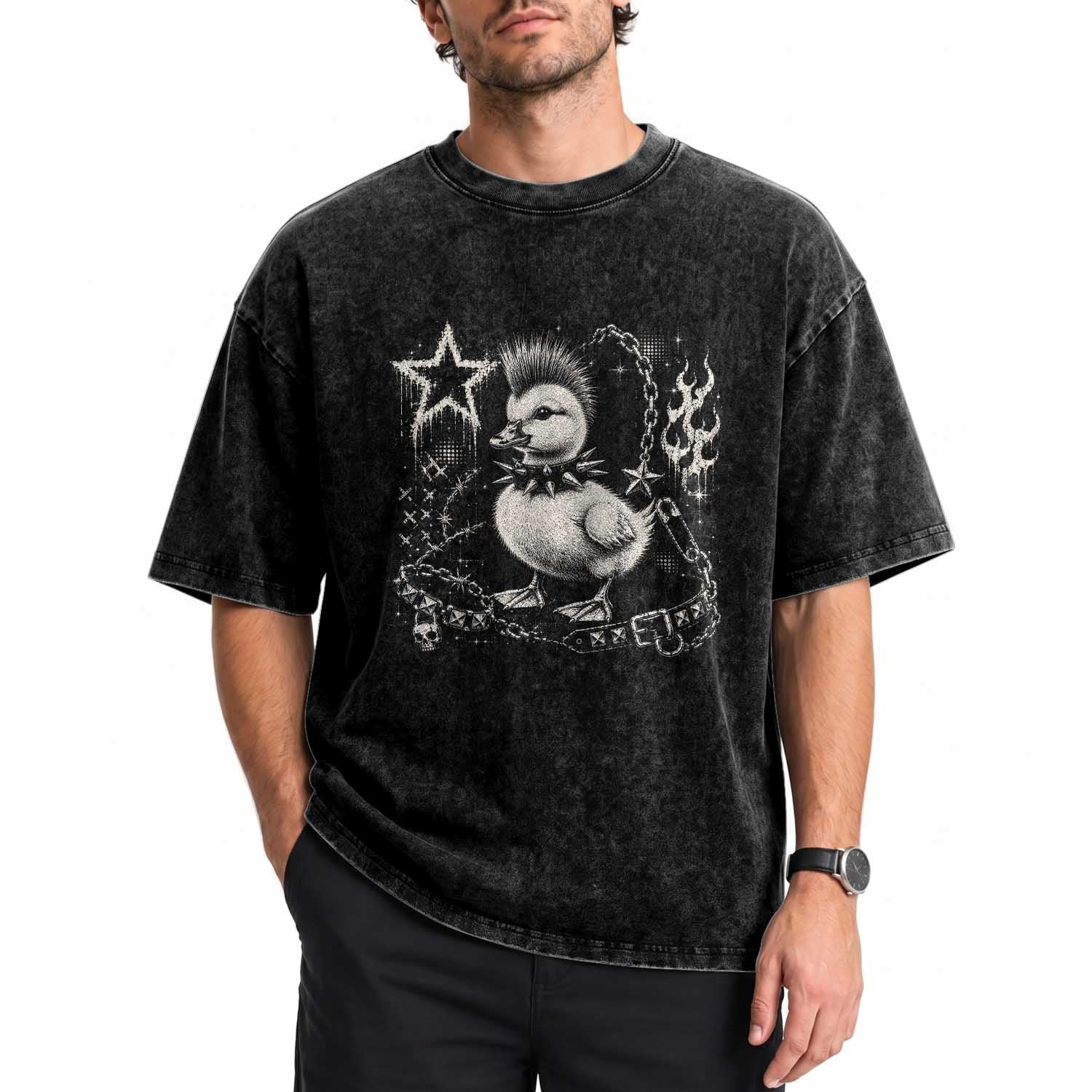 Punk Rock Duckling Mohawk Spooky Y2K Grunge Graphic Washed Cotton T-Shirt
