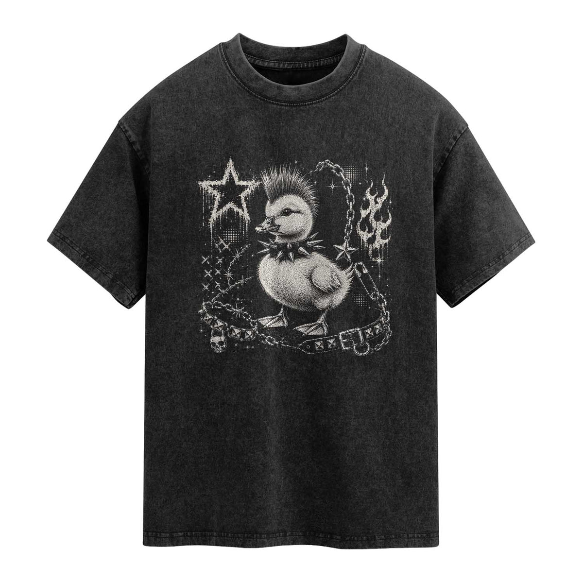 Punk Rock Duckling Mohawk Spooky Y2K Grunge Graphic Washed Cotton T-Shirt